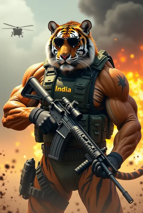 "A massive, muscular Royal Bengal tiger is trained as a special forces soldier, with the word India clearly visible on its suit. It is wearing tactical gear, gloves, and a helmet with a headset. The Royal Bengal tiger confidently holds a modern assault rif...