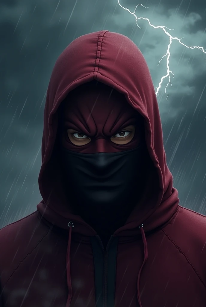 Anime image, close up a man wearing a maroon hoodie with a Robins eye mask is maroon and a black mouth mask behind him there is a thunderstorm