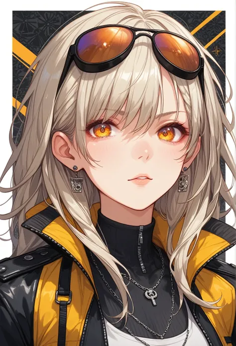 A stylish anime girl with a modern, edgy streetwear look. She has straight, platinum-blonde hair that reaches past her shoulders, with bangs that frame her face. She wears tinted glasses with an orange hue, adding a mysterious and cool vibe to her appearan...