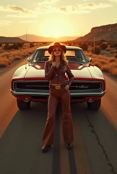   straight road in the American wilderness at sunrise 。 show me 1970 dodge charger 426 HEMI red 。Park diagonally in the middle of the road 。 cowboy style blonde woman posing in front of the door 。  leather jacket with Ray-Ban sunglasses and cowboy hat  。  ...