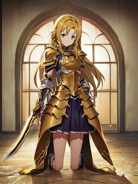 ,( masterpiece ),(best quality), ( high-profile room),(32K),((, sweet and beautiful, )),((( alone ))),(( whole body )),((Model Azuna sword art online)),1 woman, (( Gold Armor Short Skirt)),(),((Long Hair Braid )),