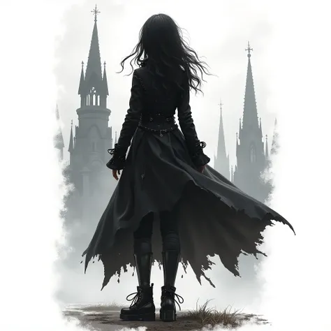 hyperrealistic concept, video game art style black graphics, casual video game style, white background, torn background, exposed composition, black watercolor paint, rich shadows, girl in steampunk tailcoat, gothic cathedral,