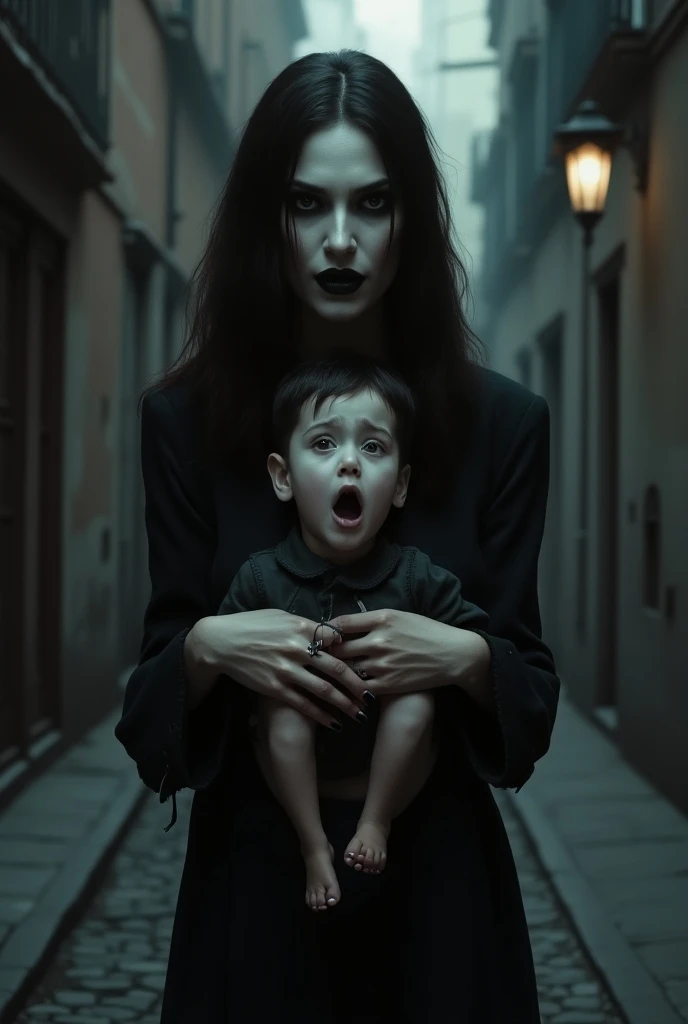 La Vampira del Raval,  holding a white boy showing it to the spectator.