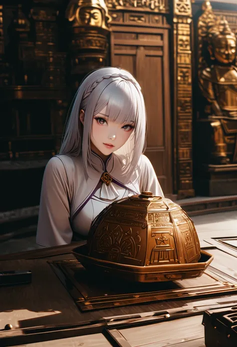 Anime girl Emilia from re zero sitting in the white Kia Seltos with Russian car number( Е106КН 08). on the background we can see a Hurul it’s a Buddhist temple in Elista Kalmykia. (Ultra realistic 8k, best quality)