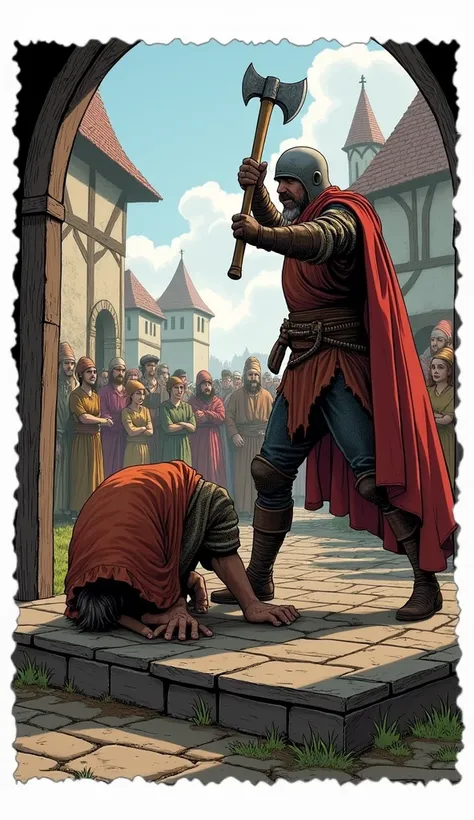 
"Storyboard, Comic book panel layout with white border, Multiple views, "Storyboard, Comic book A medieval executioner with a large axe executes a peasant who is kneeling with his head resting on a piece of wood. The dramatic scene on a platform is witnes...