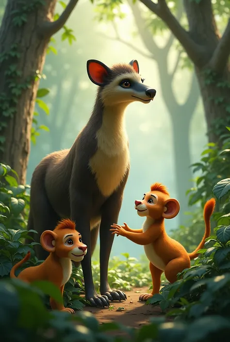 Create an image of an anteater in the forest along with a baby lion and a baby monkey.