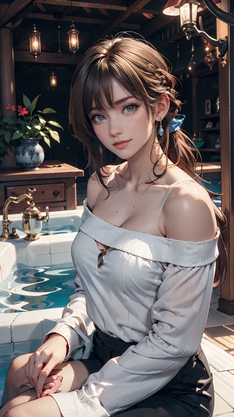 (Best Quality), (masterpiece), ( Hi-Res), ( Intricate Details:0.2),(Professional Lighting), room,  detailed background, オーバーサイズの黒のTシャツ,  off shoulder, (Previous View),  1 girl, Alone, ( Facial beauty:1.40),   slender body sitting in a rock bath,  fine skin...