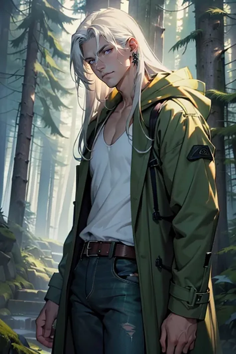 ((masterpiece)), (((best quality))), solo, 1 male, pale white skin, (long white hair), (((straight hair))), side part, very handsome young man, age 18, beautiful face, large defined pecs, (thick thighs), purple eyes, realistic clothing, ((long dark green r...