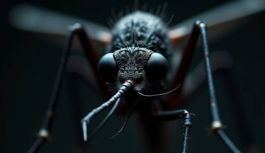 "Create a hyper-realistic close-up of a dark, sinister mosquito, as if the camera is intensely focused on its face. The mosquito should have a glossy black exoskeleton, with intricate textures that make each segment and joint appear both gritty and unsettl...