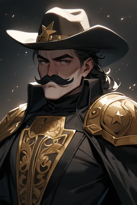  a cowboy with black mustache , black general suit ,  cowboy hat and gold shoulder pads