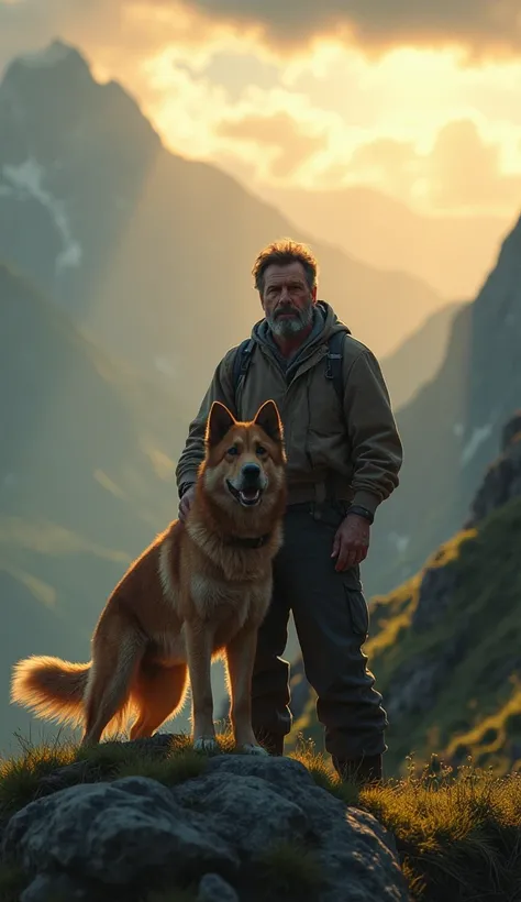 a man holding a dog on top of a mountain, highly detailed, realistic, 8k, photorealistic, masterpiece, dramatic lighting, awe-inspiring landscape, golden hour, vivid colors, cinematic composition, rugged terrain, lush greenery, dramatic clouds, sunbeams, d...