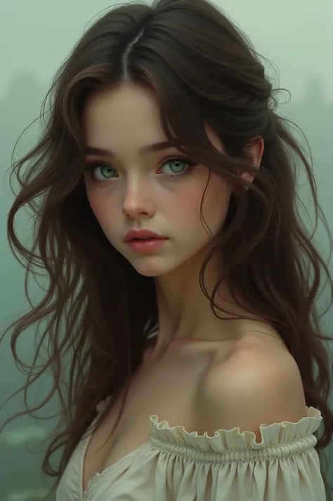 Brunette with green eyes wavy long hair 