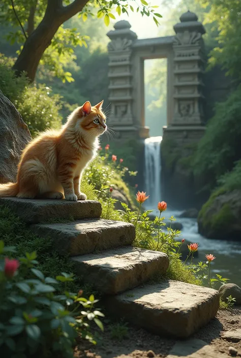 A serene scene featuring a fluffy cat perched gracefully on the top of a weathered stone staircase. The steps, covered in patches of moss and surrounded by wildflowers, lead up to an ancient temple gate adorned with intricate carvings. Sunlight filters thr...