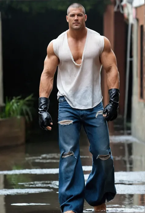 Soakin wet muscular man with fingerless gloves in Casual Loose Fit Flared Very Long baggy Jeans Worn ripped bottom hem Barefoot