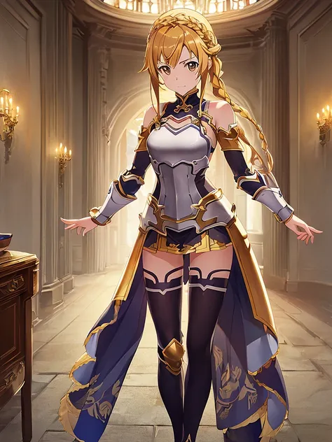 ,( masterpiece ),(best quality), ( high-profile room),(32K),((, sweet and beautiful, )),((( alone ))),(( whole body )),((Model Azuna sword art online)),1 woman, ((GOLD ARMOR WITH OPEN SHOULDERS, MINISKIRT)),(Red headband),((Long Hair Braid )),