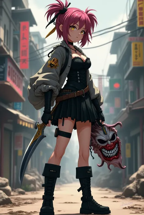  A 20-year-old girl with dark pink hair, a brown tuft , a black corset ,  black fingerless gloves,  a short kilt ,  dark yellow eyes ,  a fusion gun with a knife ,  a clown mask on her hand , Live in My Hero Academia , black high boots 