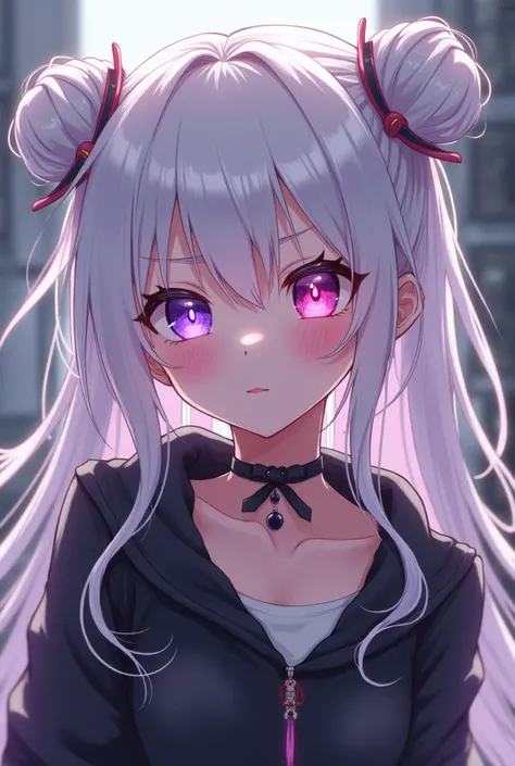 anime girl,long hair with two buns hair and curtain bangs,white hair,purple left eye,pink right eye, feminine body,gangster 