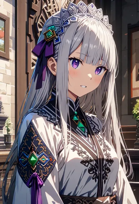  (anime, masterpiece, intricate:1.3), (best quality, hires textures, high detail:1.2), (4k),(incredibly detailed:1.4), (extremely detailed CG unity 8k wallpaper), 1girl, Emilia from re zero in the national Kalmyk costume . on the background we can see city...