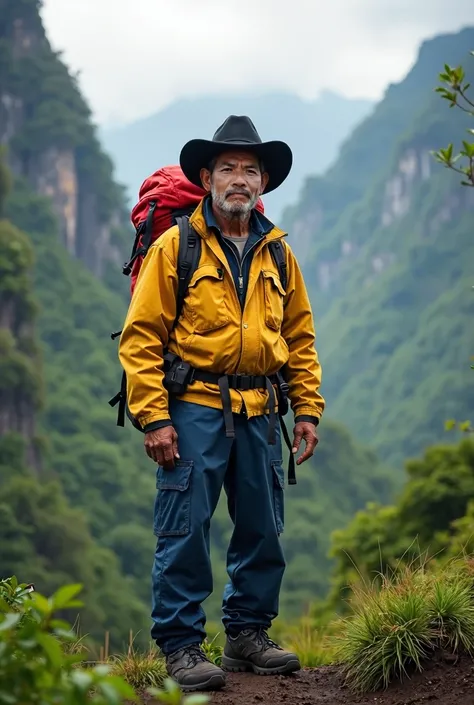 Real human photo, Piih is Indonesian 50 years old man, wearing plain black cowboy hat, yellow winter jacket, blue cargo pant,  mountain black shoes, carrying red big large summit backpack. He is walking in tropical forest in mountain Semeru Indonesia, full...