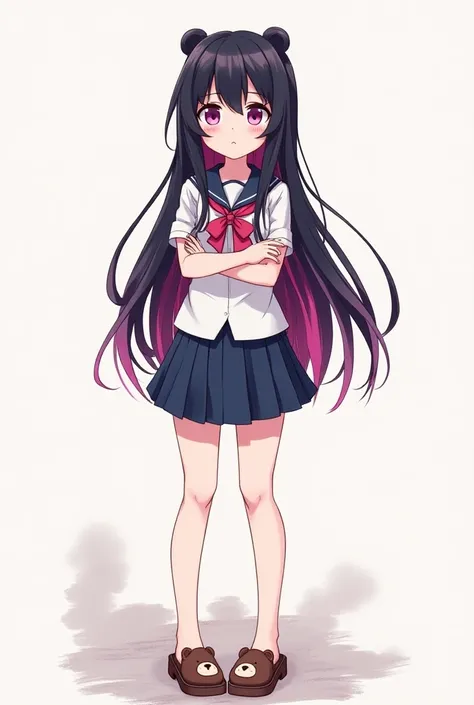  women , hair highlights black pink, eyes purple pink ,height 1m64 , uniform , knee length socks,wear bear sandals ,    ,ngực 80cm,2D drawing strokes,long hair up to the waist ,hime bangs