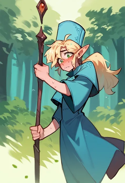 (best quality, masterpiece), (1boy,solo), pale, freckled skin, elf, forest Green eyes, long silky blonde hair, ponytail, Wearing Which hat, stary blue robe, Slim, Twink, holding staff with both hands, nervous, sweating, feminine, posing seductively