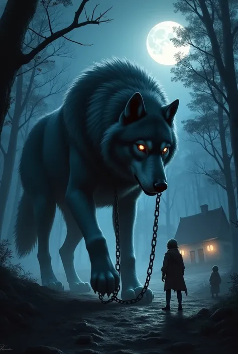 "A dark, moonlit night in a dense forest where a massive wolf is caught in a large, reinforced metal trap. The trap is specifically designed to capture a creature of this size, with heavy chains holding the wolf firmly in place on the ground. The wolf has ...