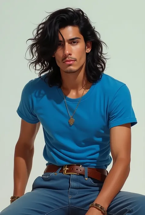 Create an image of an adult Frenton man with long 80s style black hair and brown eyes wearing blue t-shirt and wide boot pants 



