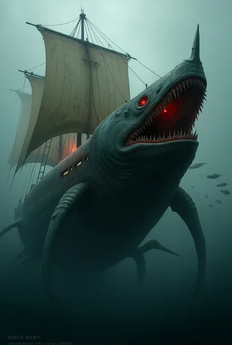 Imagine a colossal hybrid creature—part piranha, part ship—floating ominously on a dark, murky ocean. The body of the creature is a massive, rusted metal hull, shaped like a ship, with the sleek, predatory features of a piranha: sharp, jagged teeth lining ...