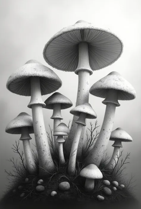 Beautiful black and white painting depicting mushrooms