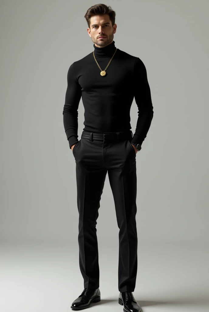 Man wearing black turtle sweater, black pants and black shoes and necklace with golden diamonds 