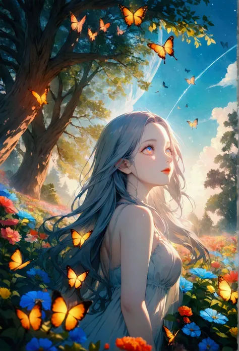 (woman(student, , ＪＫ, Long Hair,  colorful eyes , Pale skin，)  looking up at the sky ), ( lots of butterflies flying in the sky ), Beautiful sky, summer， Colorful Flowers Blooming Everywhere 々, Mysterious and dreamy ,Big Tree，quality(8k,CG wallpaper, maste...