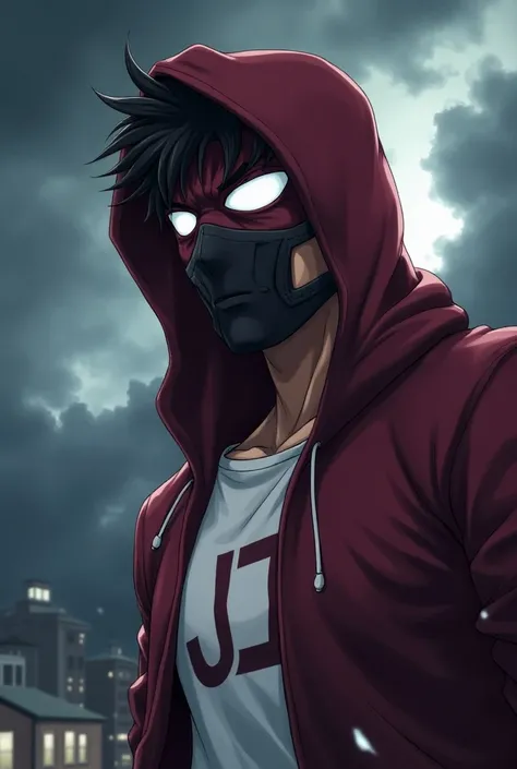 Anime image, close up a man wearing a maroon hoodie with a superhero eye mask is maroon with white lenses. and a black mouth mask White T-shirt with the letter J in the middle of the shirt behind him there is a thunderstorm