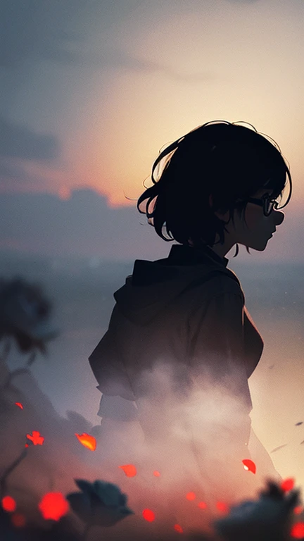 1 Tomboy Girl in glasses with short shaggy hair, (silhouette:1.3), blackwork, sheet, roses, abstract, ambient lighting, (blurred background, blurred foreground, Depth of field:1.3), Swirling fog, Rainbow fog, traditional texture, dripping