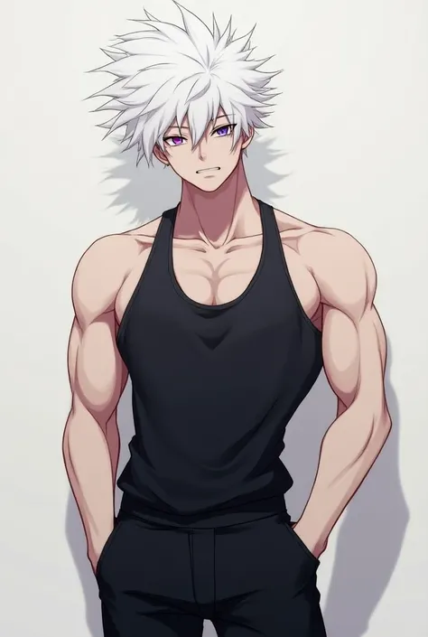 anime boy,messy hair,white hair,purple left eye,pink right eye,big body,black cloth