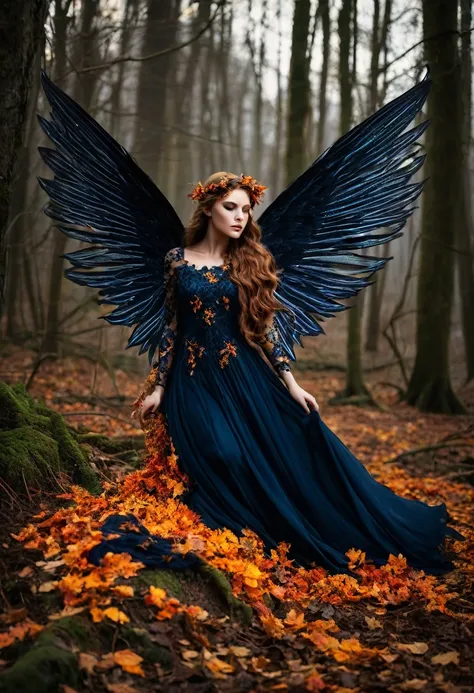 Carved from shadows and autumns flame,
A delicate creature, wild and tame.
Her wings, like embers of a fading fire,
Hold secrets deep, dark with desire.

In her gaze lies the forest’s lore,
A spirit bound to ancient floor.
Grace and mystery she bestows,
Th...