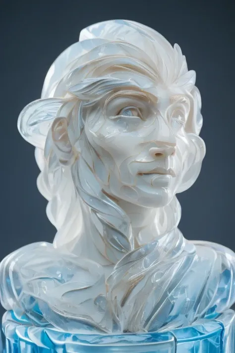 a ice onlysculpture, eerie zembie ,ice sculpture, ice all sculpture,all ice only sculpture,live action,turn face to the camera,front,looking at camera,flying dinosaur,uncanny,ghostly, horror ,zombie devil,background, dreamlike colors, transparent ice sculp...