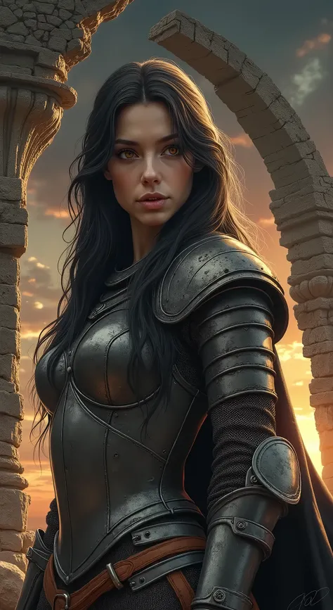 (absurderes, high resolution, ultra detaild), 1womanl, grown-up, pretty, finely-detailed eyes, black hair long, amber eyes, wearing worn iron armor that looks old, sexy armor highlighting her curves, full body sample, 