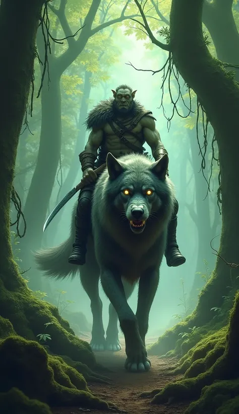 "A lone orc riding a giant, sleek wolf through a dense, enchanted forest. The orc wears a cloak of dark fur and carries a curved blade. The wolf’s eyes glow with an eerie light as it moves silently through the forest, surrounded by ancient trees and creepi...