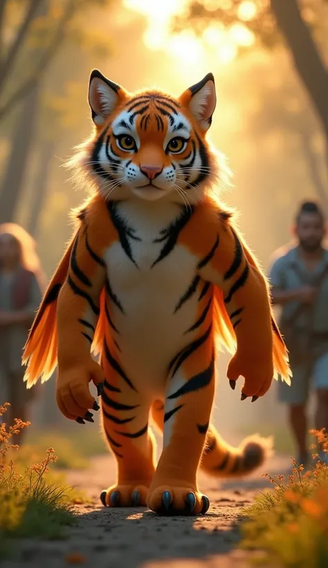 Tiger-Falcon titan youngling humanoid, walking with more confidence on two sturdy legs through a peaceful forest village at dawn, its body now slightly taller and more balanced, covered in soft orange fur with prominent tiger stripes, wings folded neatly o...