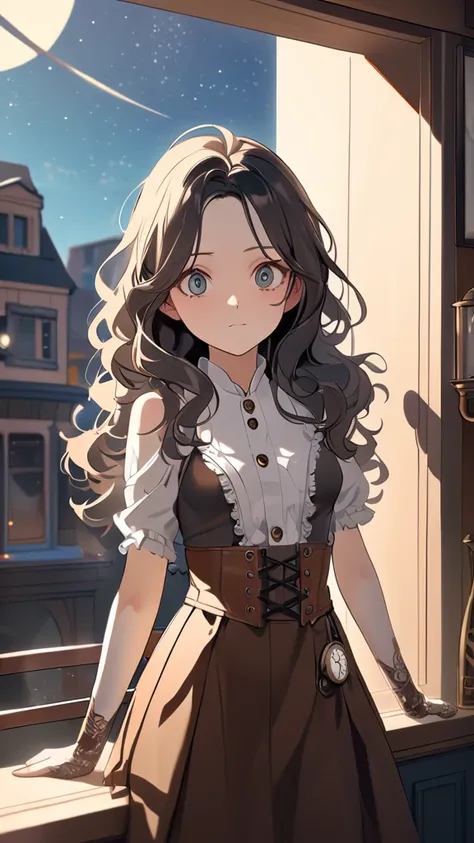 1 girl, ( cute face),  big eyes,  long hair, ( wavy hair in front of the station:1.2),  steampunk inspired blouse, Leather skirt,  Pottery Skin ,  small breasts,  inquisitive look , break, Soft Light, ( Metallic Tone :1.1), Soft Shadows,  retro atmosphere ...