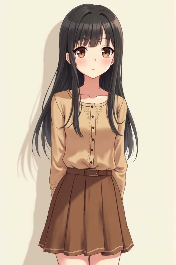 An anime girl with brown eyes and black hair with brown clothes, a top and a skirt