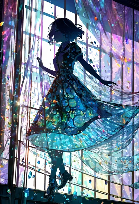 Shadow Art,  Fusion Art ,  silhouette art , Flash Art , Best Quality, Super fine, 16k,  Extremely Absurd ,  extremely detailed, delicate, flashy  dynamic depiction, beautiful cute womans shadow reflected on transparent  translucent curtains,  Short Disheve...