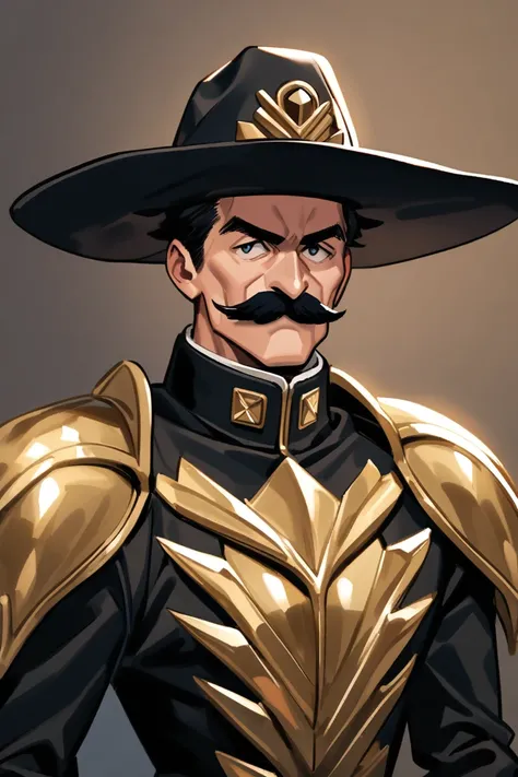  a cowboy with black mustache , Black military uniform, Evangelion style golden cowboy hat and shoulder pads