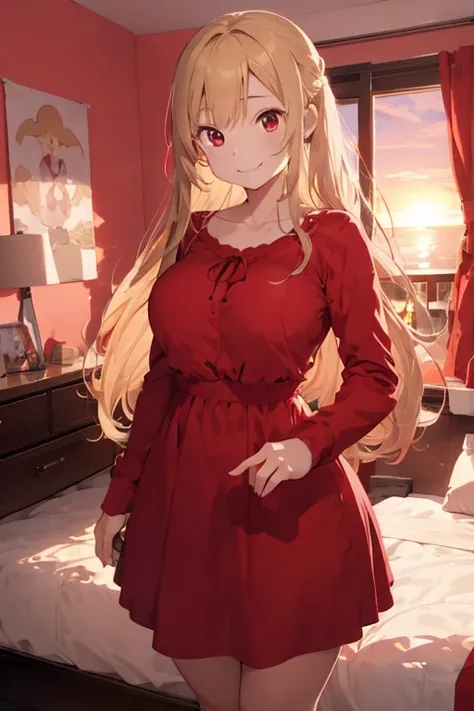 1 female, teenage girl, long sleeve red dress, long dress, red eyes, huge breast, thick legs, blonde long hair, rosa cheeks, happy face, smile, home, bedroom, dolls, toys, pink background, sunset sky