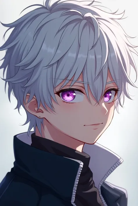 anime boy,messy hair,white hair,purple left eye,pink right eye, handsome 