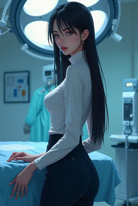 Do it for me, REALISTIC ART, Manhwa Americana , woman, adult, Madura, slender body,  long straight black hair , sapphire blue eyes, enigmatic look,  striking and attractive features ,  attractive and velvety lips , Elegant air ,  wearing a turtleneck blous...