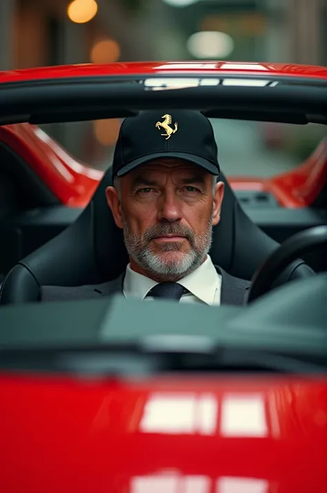 Make a man wearing a black cap inside the Ferrari 