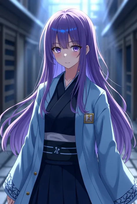 Mature anime style beautiful girl　 purple long hair that hides the waist　
turn a section of ones bangs blue 
前髪に蒼いハイライト　Part of the bangs is blue　Dark Eyes　Sharp, Cool Eyes 　Light blue haori coat　Blue coat with white triangular pattern on the cuffs　black h...