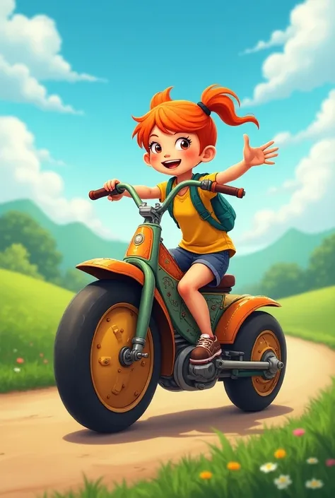 A tangerine girl riding a quadricycle 