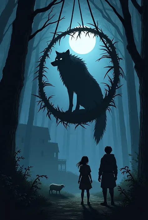 "A dark, moonlit night in a dense forest, where a massive wolf is caught in a large, half-circle wooden trap made from thick bamboo or woven wood. The trap, suspended above, has just fallen onto the wolf from a height, trapping it inside the sturdy wooden ...